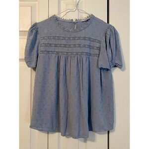 Blu Pepper Light Blue Short Sleeve Round Neck Lace Trim Textured Blouse Small